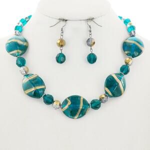 Hematite Tone Teal & Clear Acrylic Necklace & Earring Set